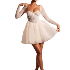 Oh Polly Long Sleeve Embellished Tulle Skirt Mini Dress Ivory Women's Size 2